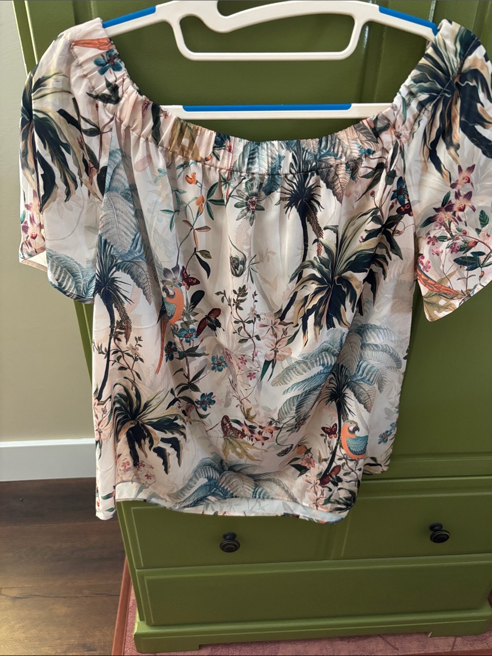 H&M Off-Shoulder Tropical Print Tunic in Cream and Teal